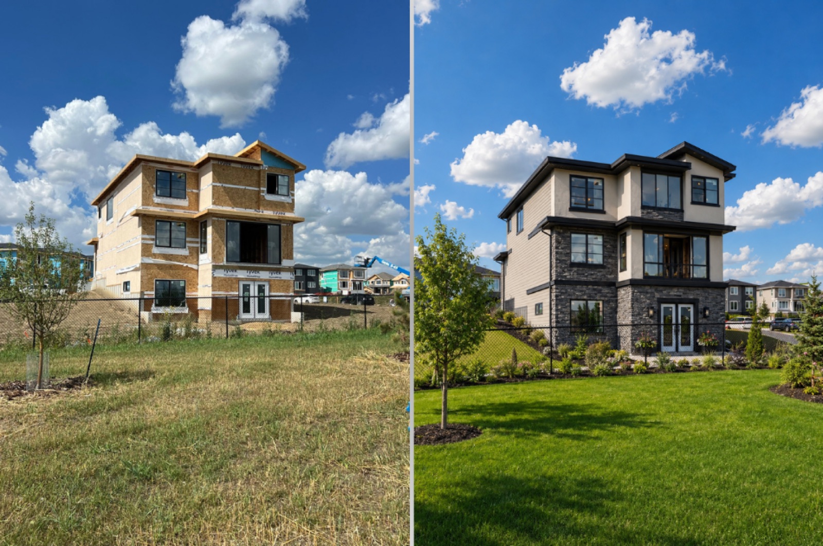 A panelized home frame on an Alberta build site