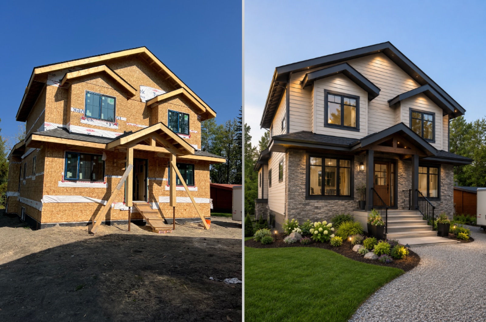 A custom home frame nearing completion on an Alberta lot